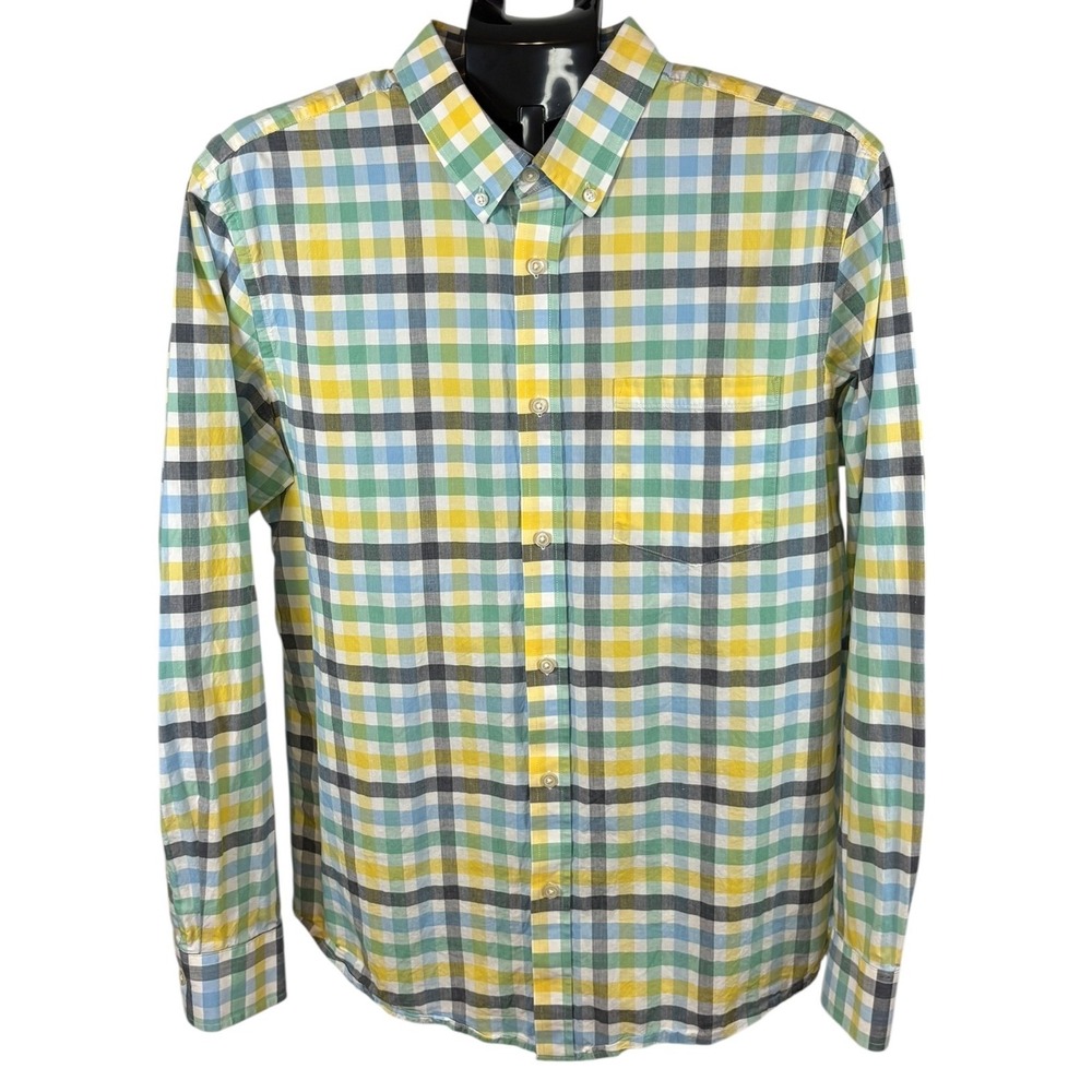 Banana Republic Mens Soft Wash Standard Fit Gingham Shirt Yellow Blue Green L